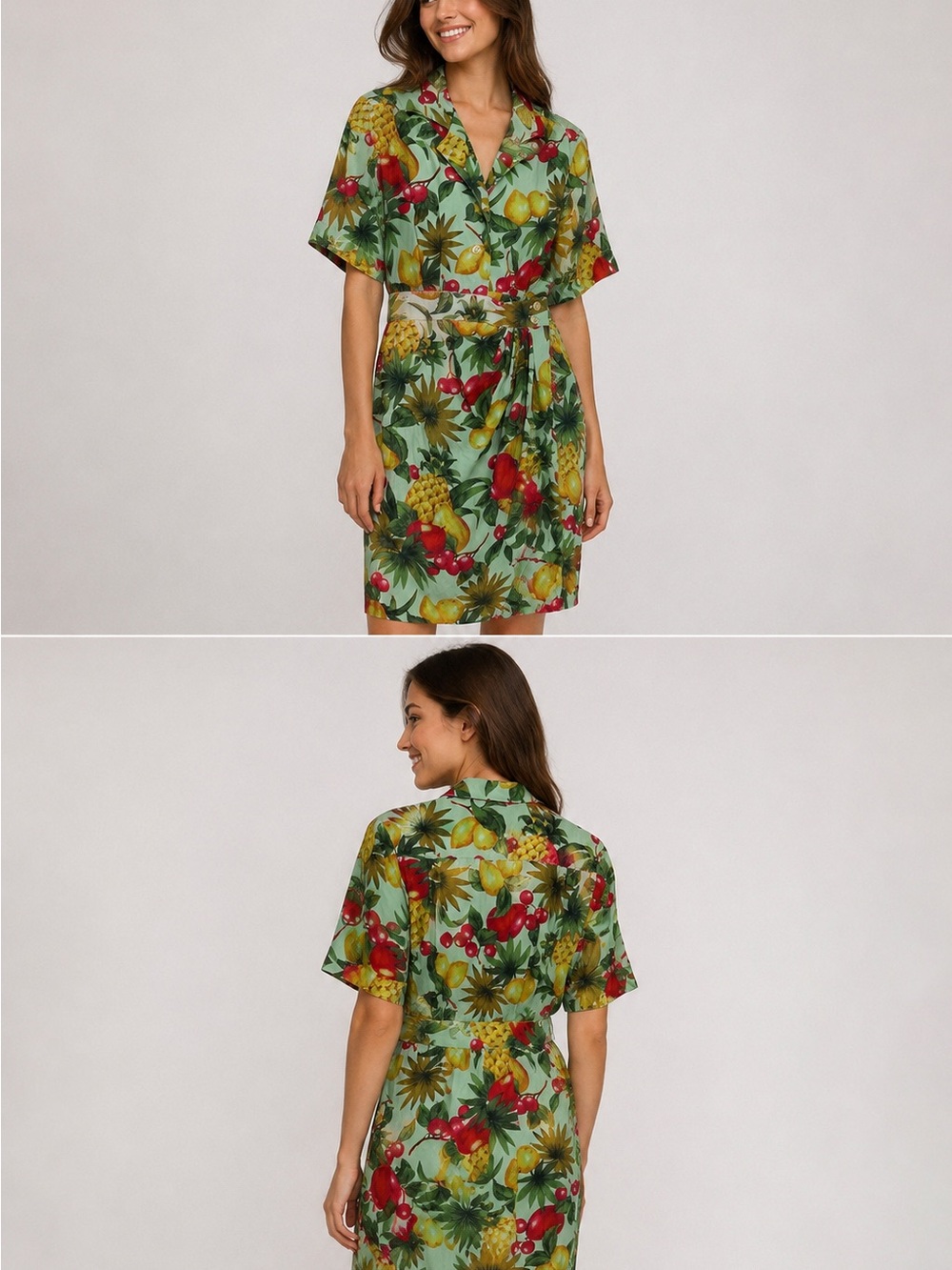 Vintage Geary Roark Tropical Fruit Print Wrap Style Midi Dress Belted Size M